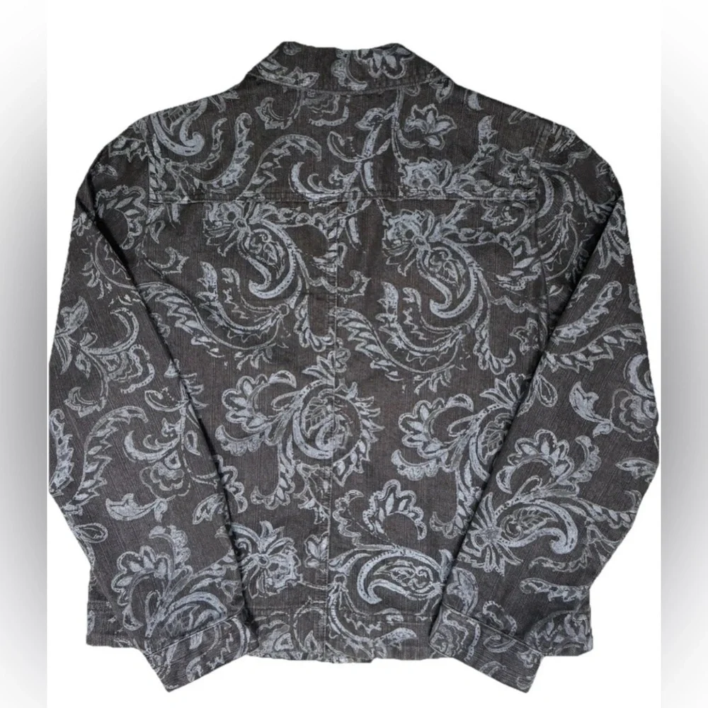 Women's Black Denim Gray Floral Button Front Jacket Coat Size Med M Pappagallo - Picture 5 of 7